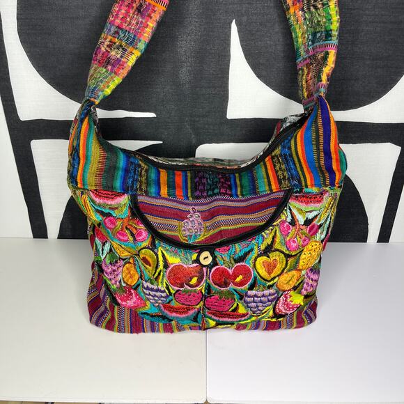Guatemalan Fruit Embroidered Crossbody Bag Mixed Print Boho 80s Festival - Picture 3 of 8